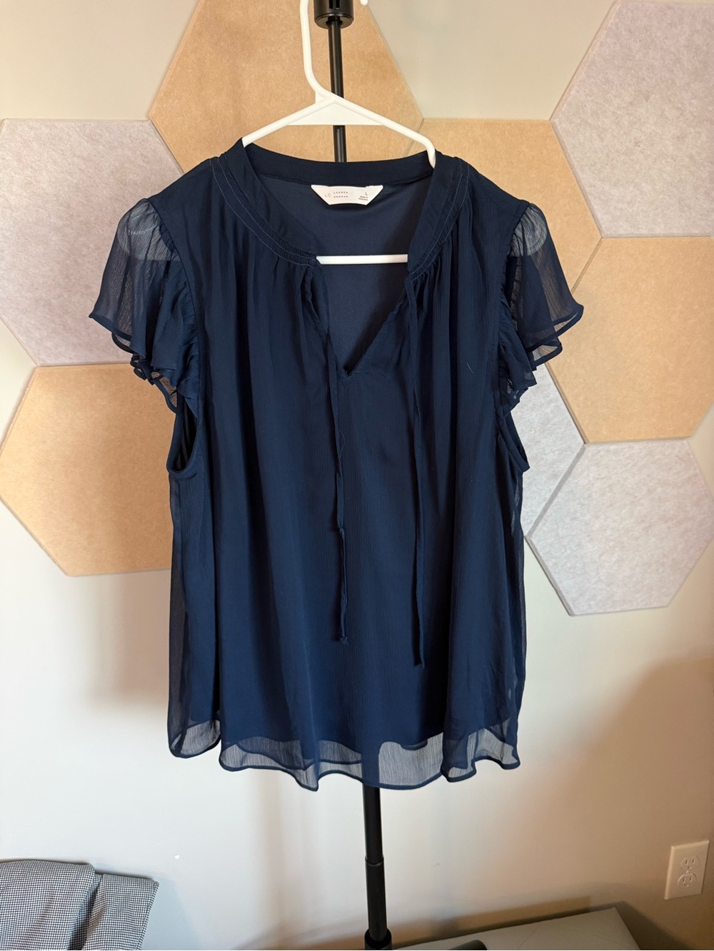 LC Lauren Conrad Navy Tie-Front Flutter Sleeve Blouse